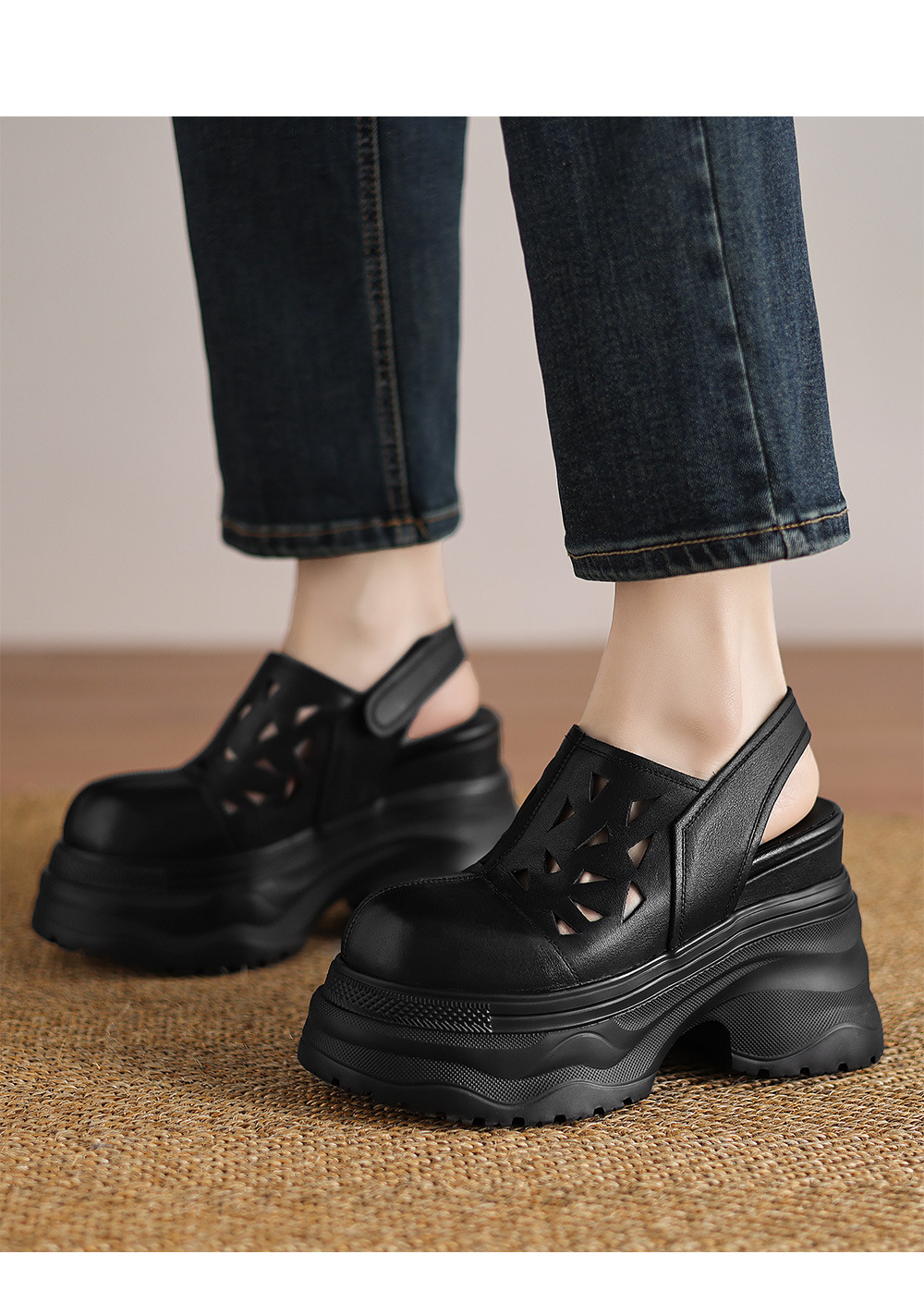 Giày sandal lỗ nữ đế xuồng platform cao 12 cm, bít mũi, dáng đế xốp nhẹ — đen, trắng chi tiết 5