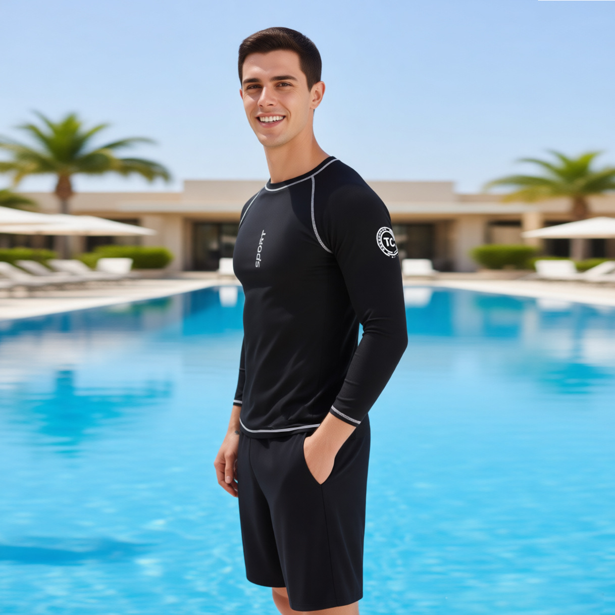 2026 Solid Color Men's Swimwear Set Two-Piece Long Sleeve Sun Protection Quick-Dry Adult Large Size Swimming Suit Loose Swim Trunks