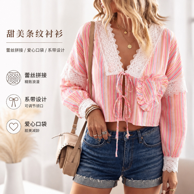 Striped Lace Patchwork V-Neck Front-Tie Women's Casual Shirt, in Stock for Quick Delivery, Ample Inventory