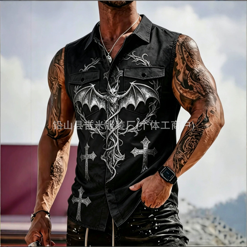 Cross-Border Foreign Trade 2026 New European and American Style Cross Print Summer Men's Sleeveless Shirt with Pockets New Arrival