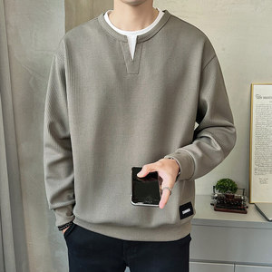 卫衣男士春秋季2025新款潮牌宽松圆领假两件长袖剪刀领男生打底衫