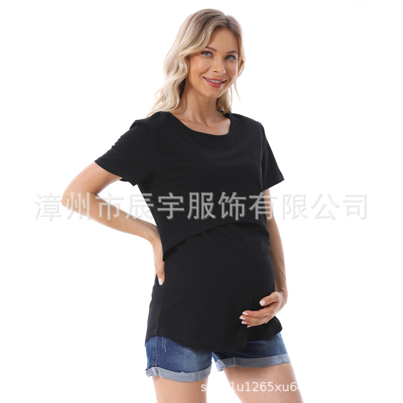 ゆるいアーチ型デザイン哺乳服外出ファッション辛い母親妊婦半袖tシャツ授乳服欧米大サイズ女装|undefined