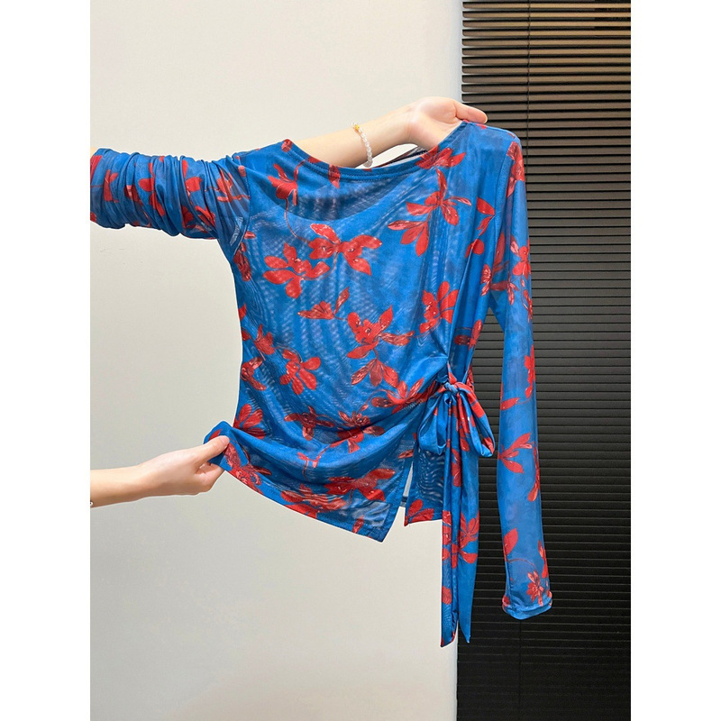 Blue Floral Print Mesh Round Neck Sun Protection Long-Sleeve T-Shirt for Women, Summer Thin Air-Conditioning Shirt with Tie Waist