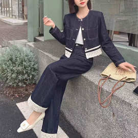 春季穿搭一整套小个子洋气减龄时尚高级感小香风蓝色牛仔休闲套装