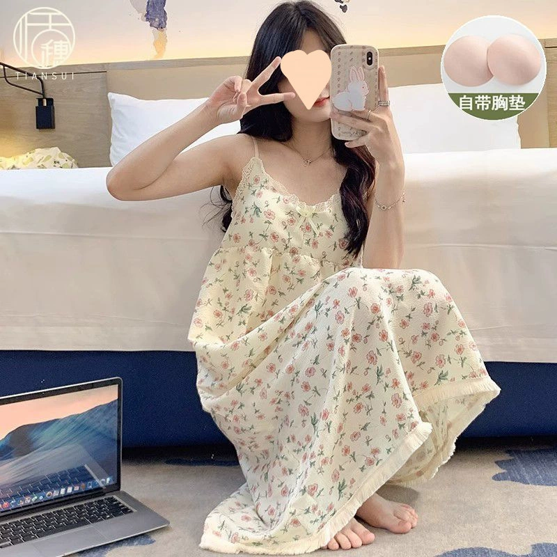 Летняя женская ночная рубашка на подтяжках с нагрудником, пижама с мультяшным принтом, милая и очаровательная модель для весны и осени, домашняя одежда, новый стиль