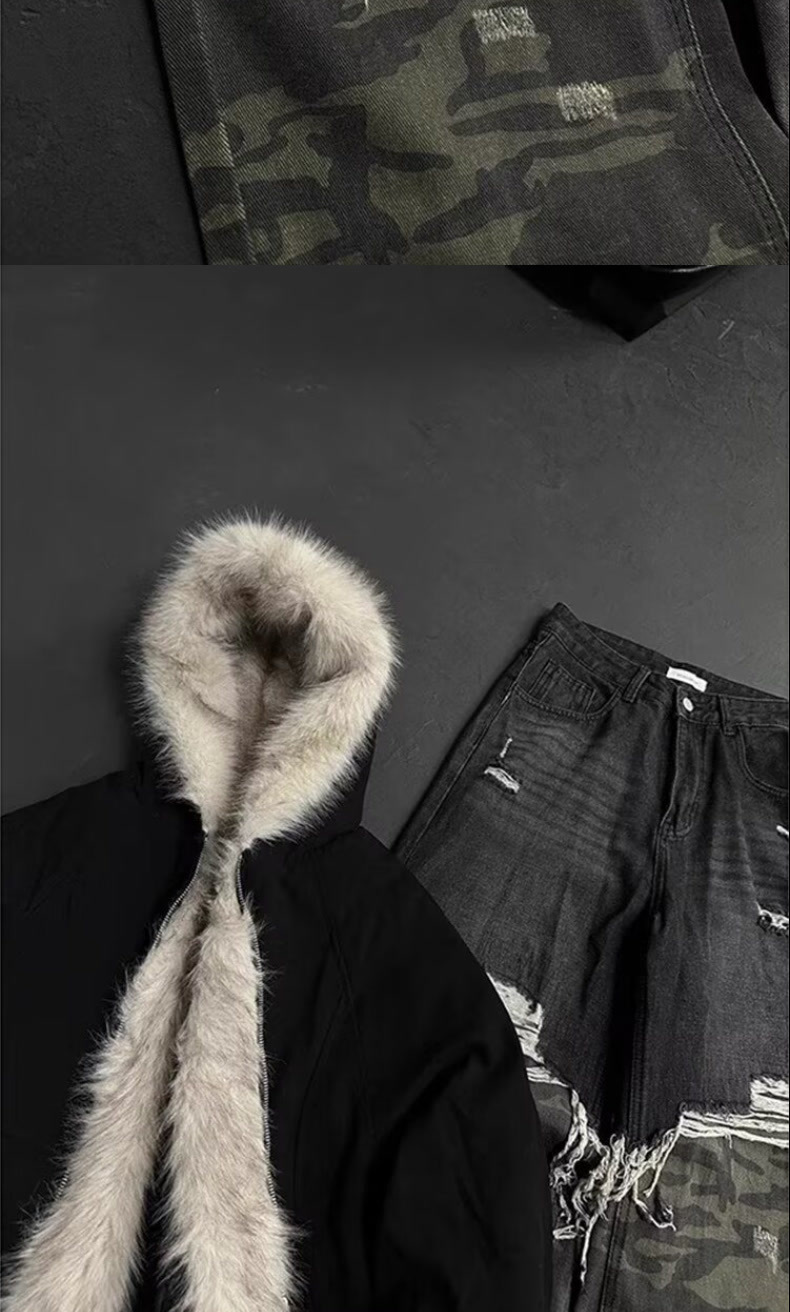 Men's Baggy Ripped Jeans Camouflage Patchwork Distressed Denim_voghion.com