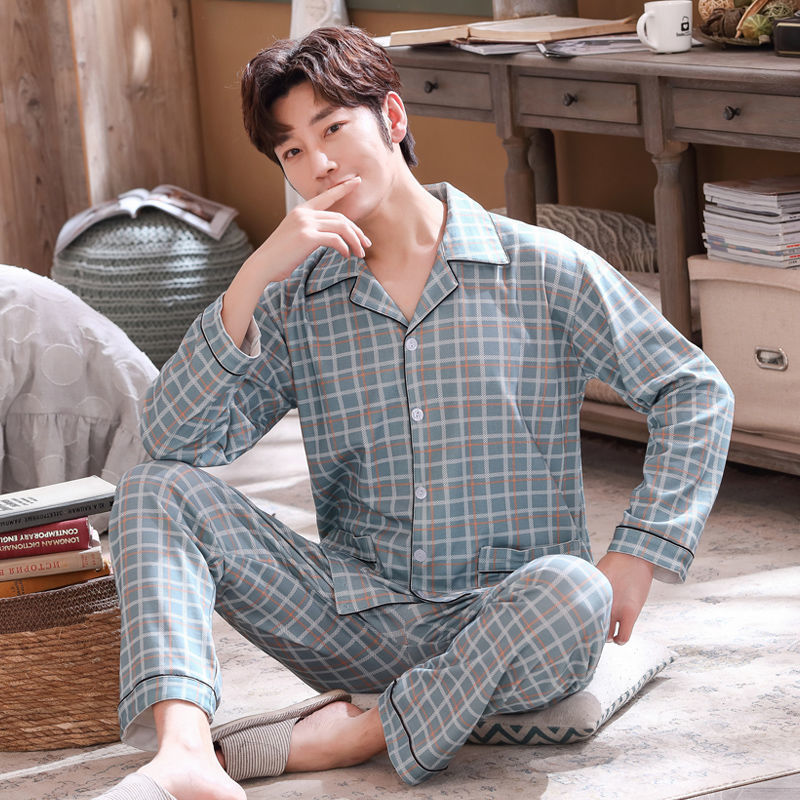 Pijamas de primavera y otoño de algodón de manga larga para hombres pijamas de otoño e invierno para hombres jóvenes de mediana edad delgada día de verano traje de uso doméstico