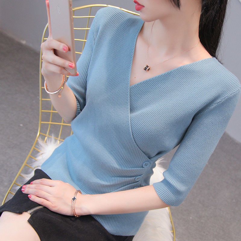 Spring 2026 New Style Women's Mid-Sleeve V-Neck Stylish Half-Sleeve Knit Top Irregular Versatile Base Sweater Spring 2026 New Style Women's Mid-Sleeve V-Neck Stylish Half-Sleeve Knit Top Irregular Versatile Base Sweater