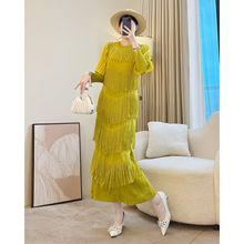 三宅褶皱纯色连衣裙秋冬时尚显瘦高级感流苏长裙弹力裙内搭打底裙