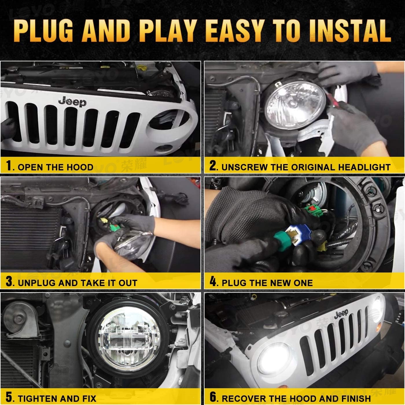 7inch Jeep Wrangler JK LED headlights, diamond-shaped headlights, Wrangler modified LED headlights suitable for JEEP