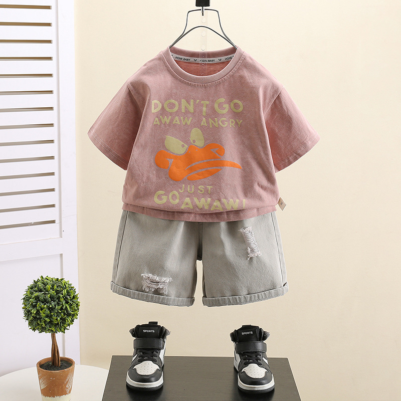7416 pantalones cortos de mezclilla para niños traje de verano verano para niños manga corta 2025 nuevo traje de dos piezas de la calle frita para niños y bebés