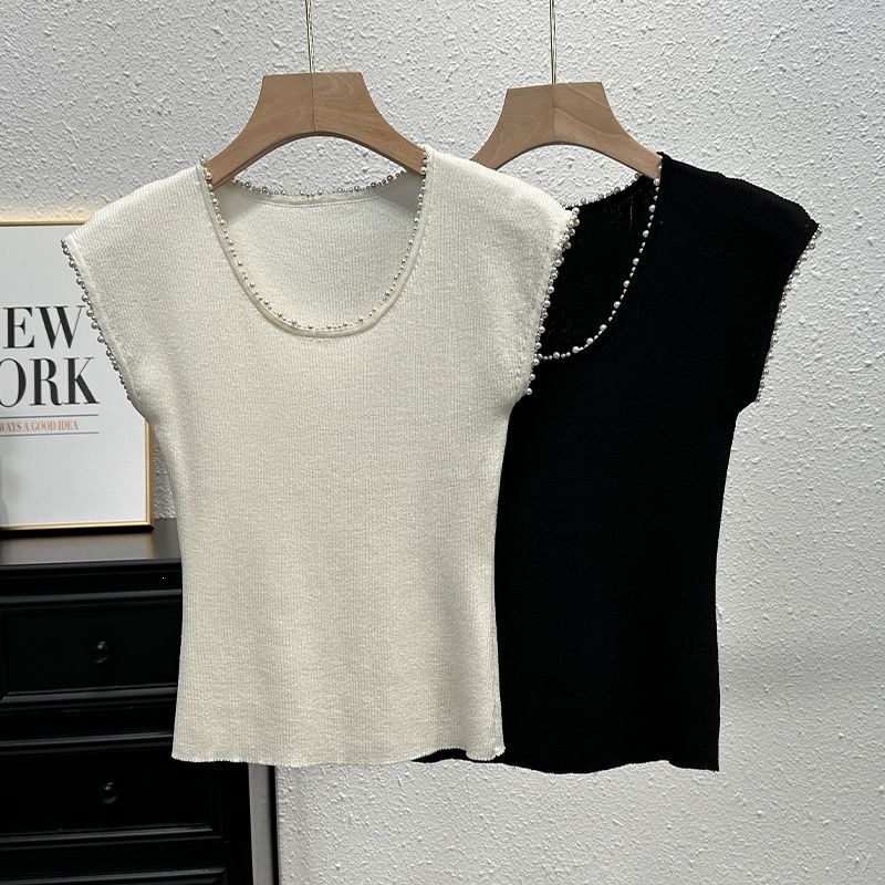 Women's Knitted Vest, Thin, Slim Fit, Suitable for Summer, High-End Style, Beaded Sleeveless Top