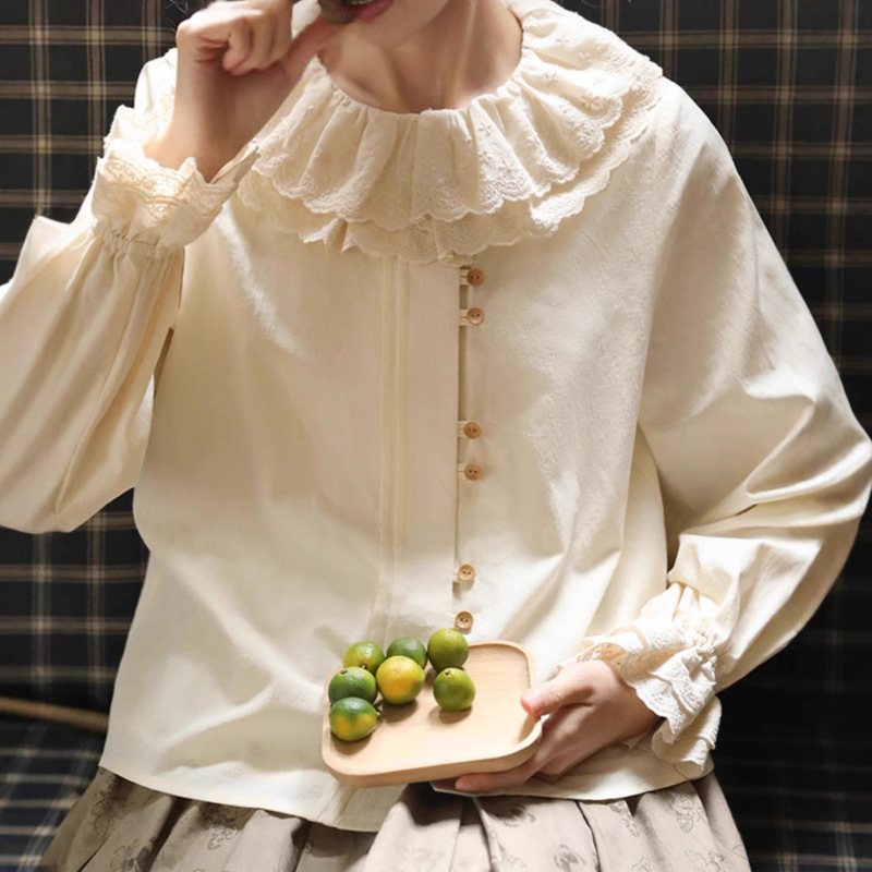 Nesoulum Double Lace Collar Jacquard Shirt Women's Spring French Style Retro Design Top