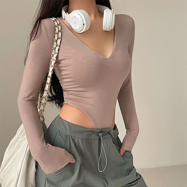 Jumpsuit Long-sleeved T-shirt Women's Aerial Yoga V-neck Tight Top for Foreign Trade Cross-border Southeast Asia European and American Style
