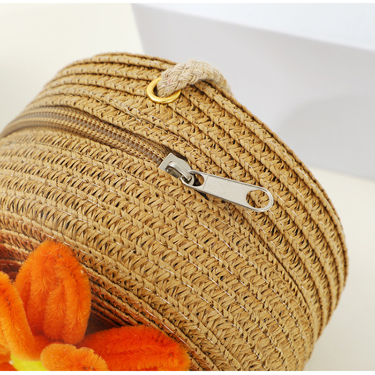 67g Weight Weave Fashion Element Zipper Closure Type Single Shoulder Strap Strap Type Straw Bag Bags Type Casual, Holiday Occasion Straw Material Flower Pattern Spring&Summer Season Kid'S Gender Cute Style Round, Bucket Shape Kid'S Straw Flower Cute Weave Round Bucket Zipper Straw Bag 10