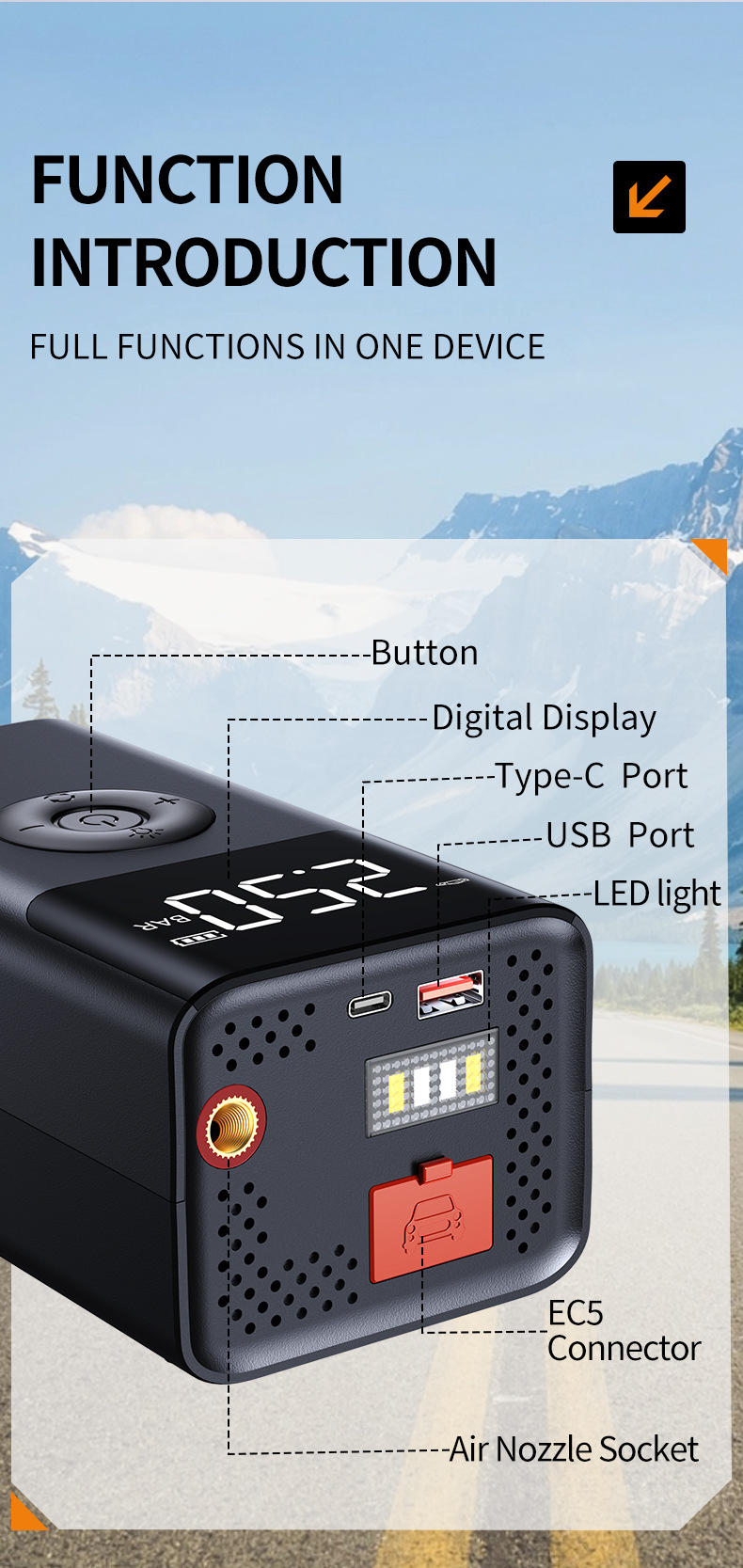 Car Emergency Start-Up and Inflation Multi-Function All-In-One Device, Power Bank Tire Inflator, Emergency Lighting Power Bank