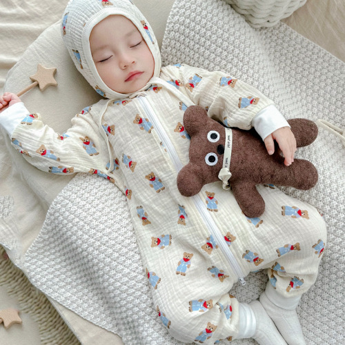 Children's one-piece spring and summer pjs pure cotton thin gauze sleeping bag for boys and girls, baby cotton gauze crawl suit