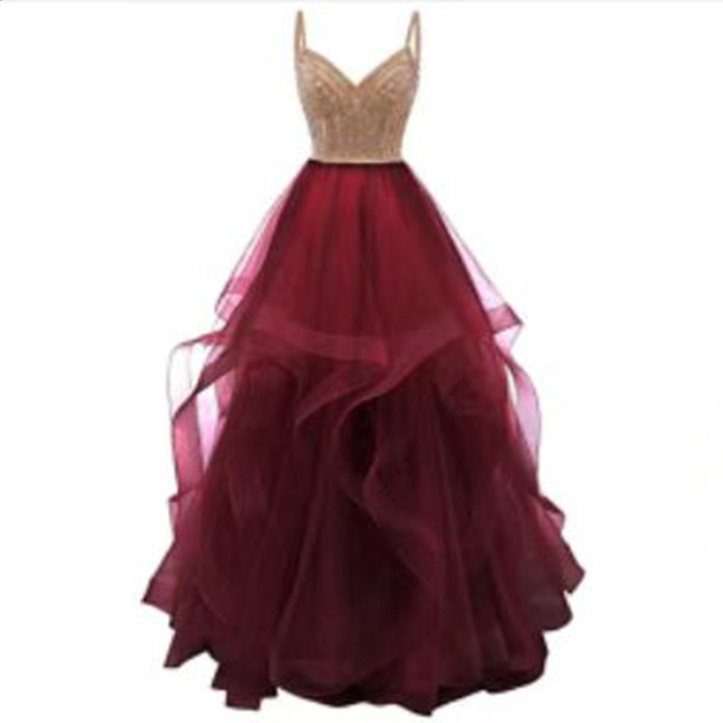 Amazon Foreign Trade spaghetti strap prom evening dress long tulle lace applique Women's Party prom dress