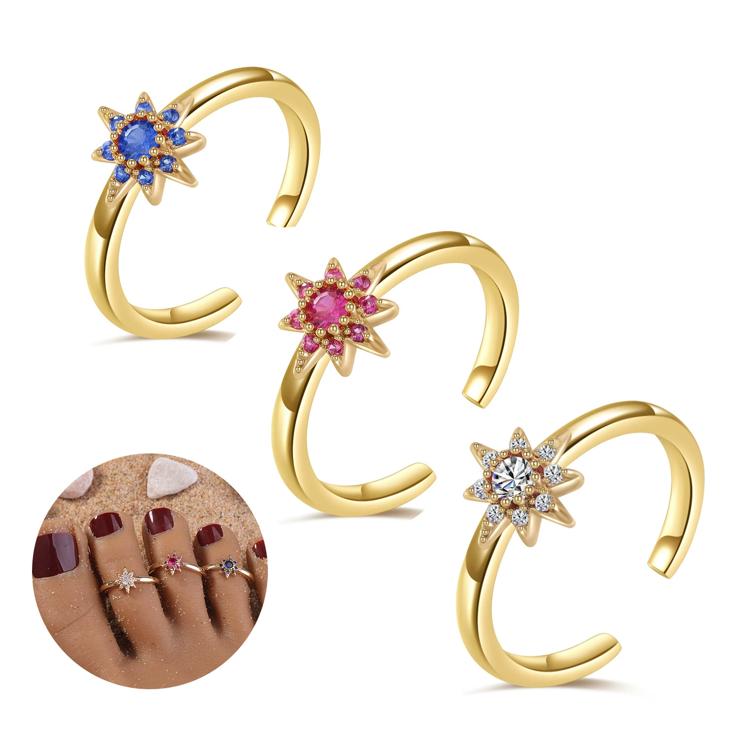 Шестиконечная звезда с медным покрытием 18-каратного золотого циркония ножное кольцо розовый синий белый женский летний пляж ювелирные изделия открытие хвоста кольцо Y2K