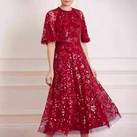 欧洲站春夏女2025重工亮片花边领斗篷袖宴会木耳边红色礼服连衣裙