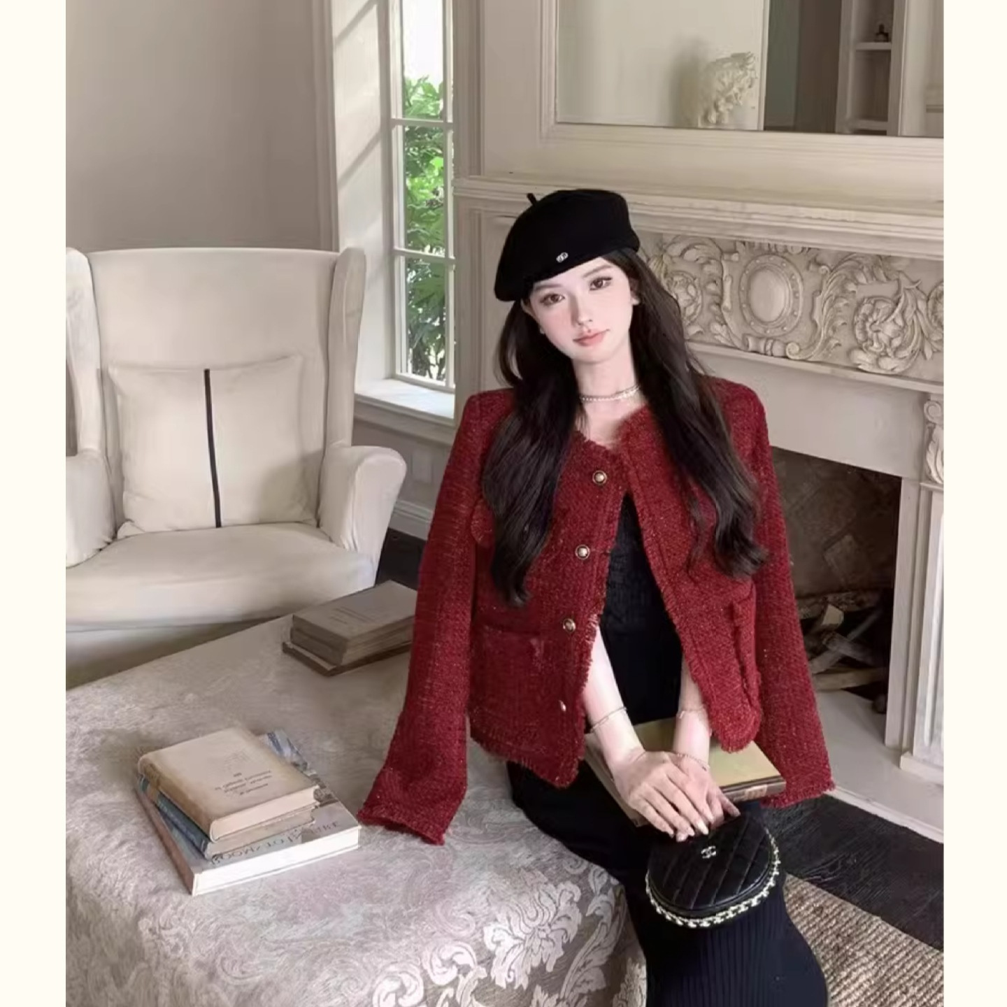 Red Chanel-Style Short Jacket for Women, Autumn and Winter French Retro Socialite Quilted Thickened Top, Tweed Woven Cotton Coat