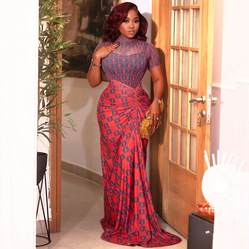 European and American-style cross-border slim-fit waist women's clothing perspective stitching all-match hip skirt pleated printed high collar long dress