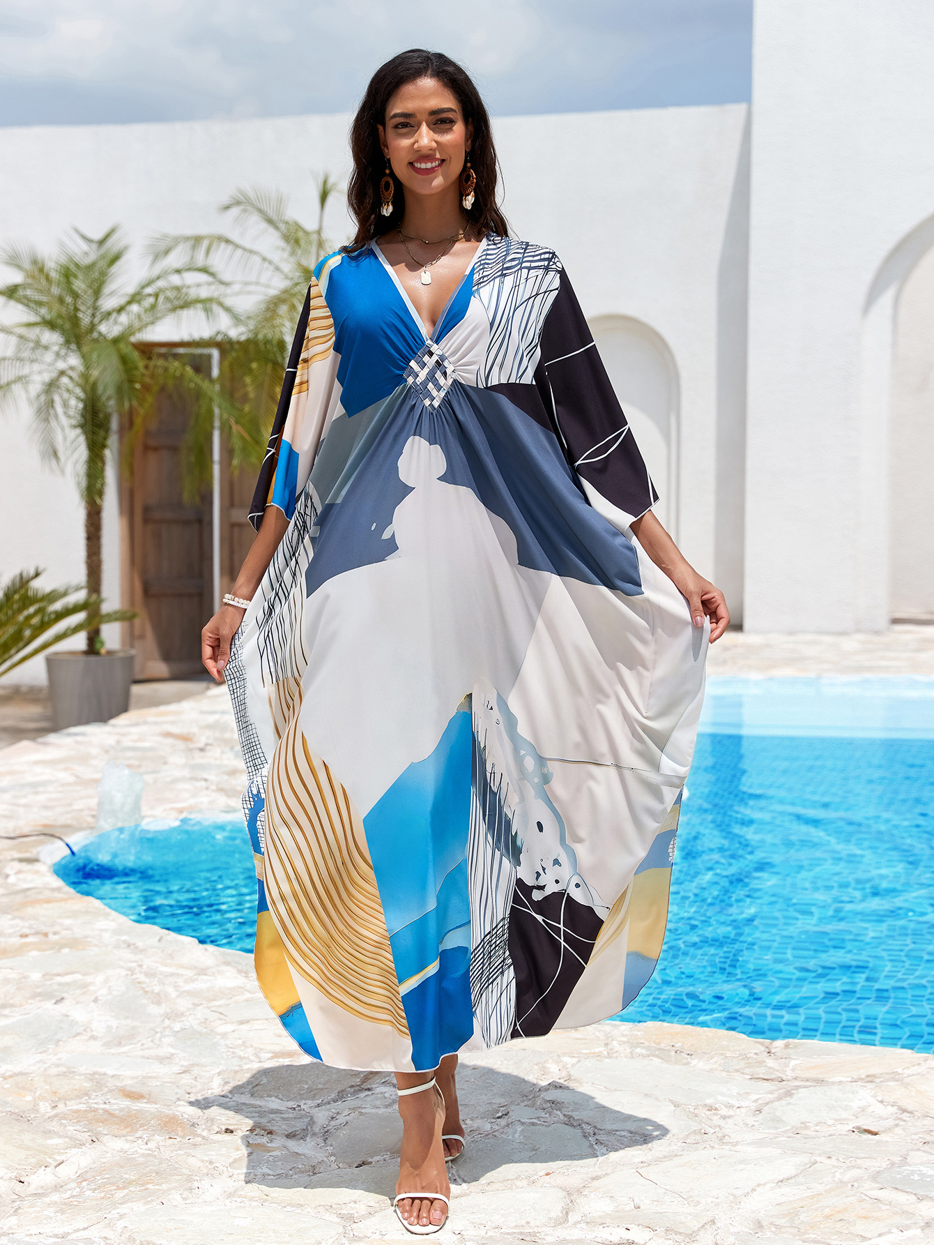 Nuevo posicionamiento de Europa y América impresa playa blusa tejida a mano V-collar vestido de vacaciones vestido largo 31 colores