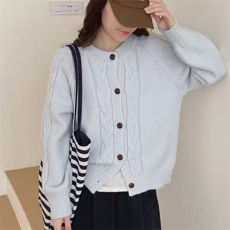 秋冬季新款韩版宽松圆领麻花针织开衫女慵懒风软糯毛衣外套女上衣|undefined