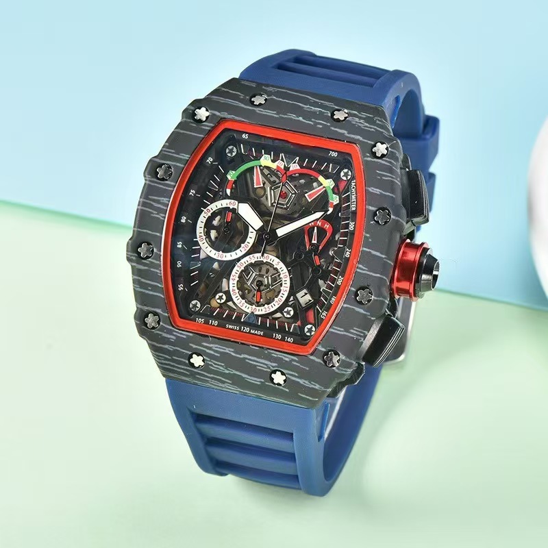 Internet Celebrity Hollow Barrel-Shaped Quartz Watch Men's Trendy Sports Silicone Band Luminous Six-Pin Multi-Function Watch