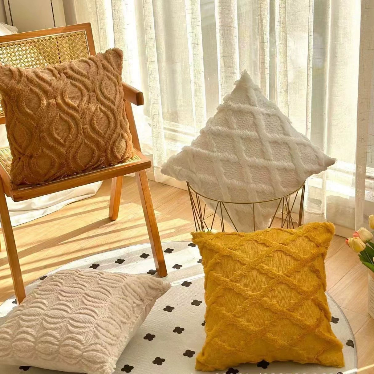 Amazon Новый Мех Кролика Стеганая Плюшевая Наволочка Простой Сплошной Цвет Диван Подушка Прикроватная Подушка Талия Подушка Оптовая