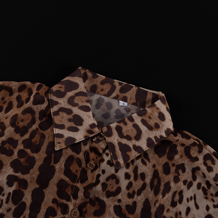 Vacation Summer Leopard Print Loose Outfit Sexy See through Long Sleeves Shirt Shorts Two Piece Set