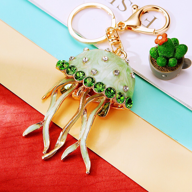 Cute and Creative Rhinestone Jellyfish Car Keychain, Women's Bag Pendant, Metal Key Chain Ring, Small Gift Wholesale