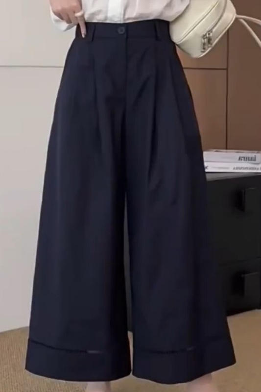 女性用ウォッシュド高品質スプライシングハイウエストワイドレッグパンツ2025夏人気の年齢軽減デザインスリムストレート9点パンツ|undefined