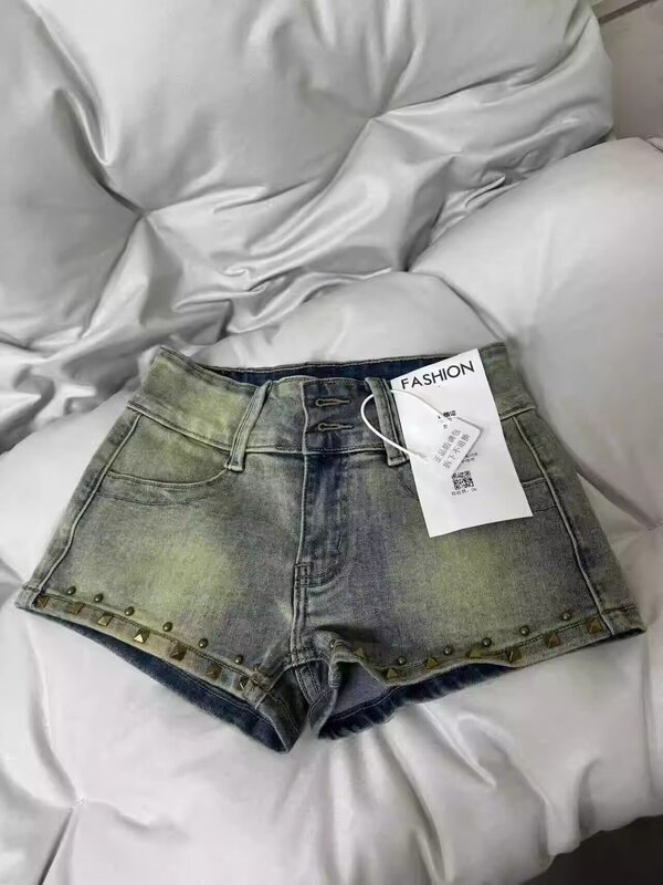 New Vintage-Style Hip Waist Bag American A-Line Hot Girl Pants Retro Low-Rise Denim Shorts Summer Design High Street Hot