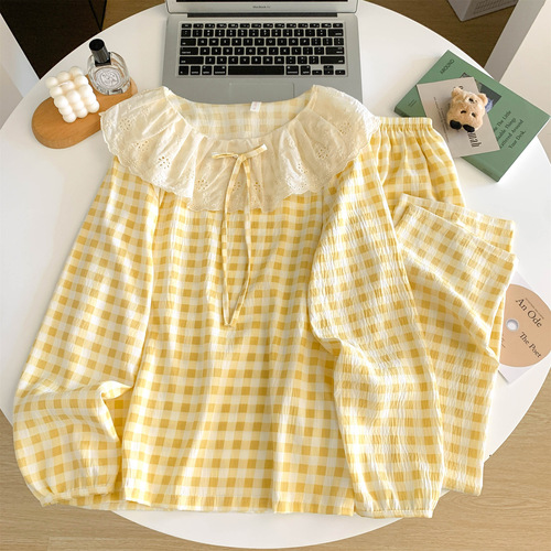 Dedicated to Korean Version Sweet High Collar Lace Edge Women's Spring and Autumn Outerwear Home Dress Set