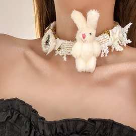 可爱兔子蝴蝶结毛绒项链女秋冬甜美百搭氛围感锁骨链萌妹个性颈饰