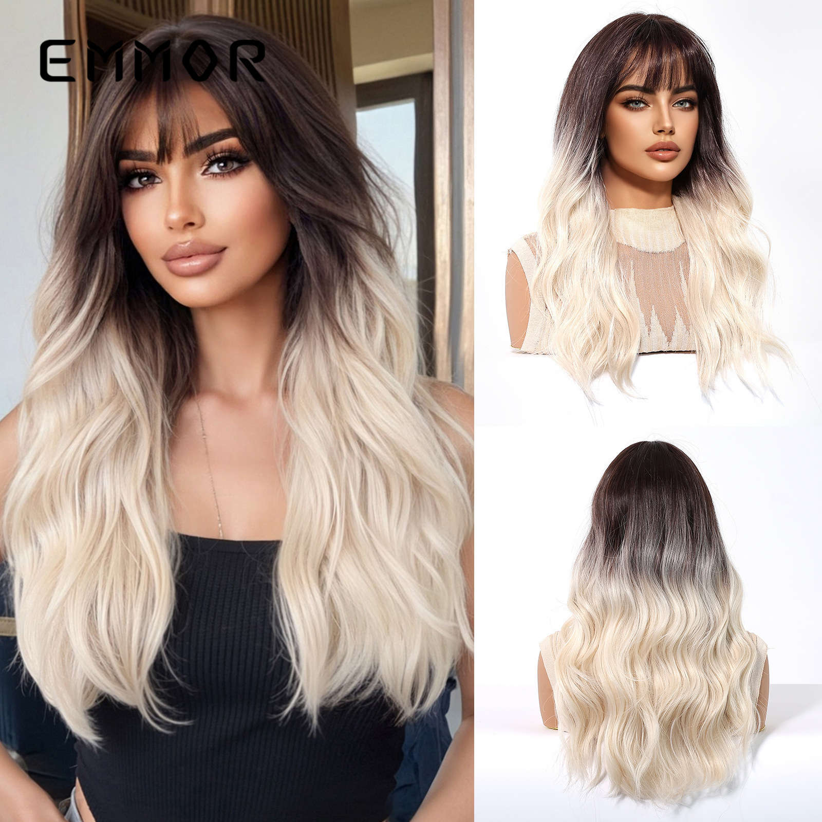 Amazon estilo caliente aire Bangs onda grande Pelo Rizado largo degradado marrón negro marrón multicolor europeo y americano peluca hembra