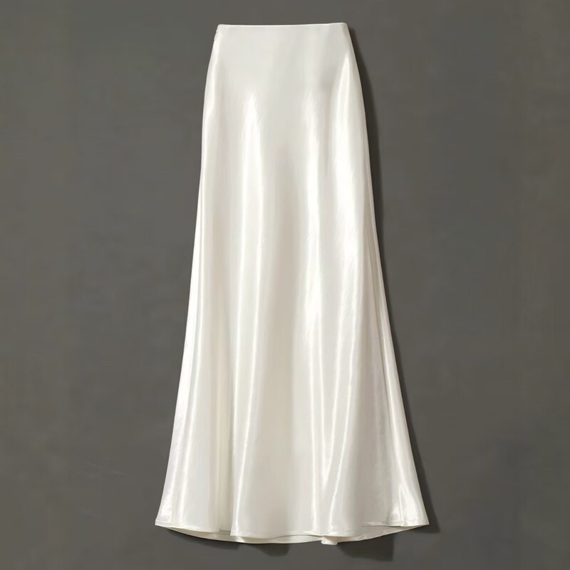 Acetate Satin Pleated Fishtail Midi Skirt for Women, Autumn Style, High-Waisted, Elegant, Elastic Waist, Bias-Cut White A-Line Skirt