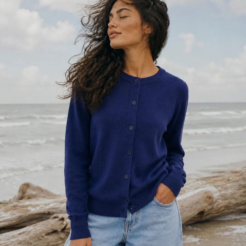 Cross-border European and American style solid color round neck knitted cardigan for women, thin casual buttoned sweater coat with long sleeves Cross-border European and American style solid color round neck knitted cardigan for women, thin casual buttoned sweater coat with long sleeves