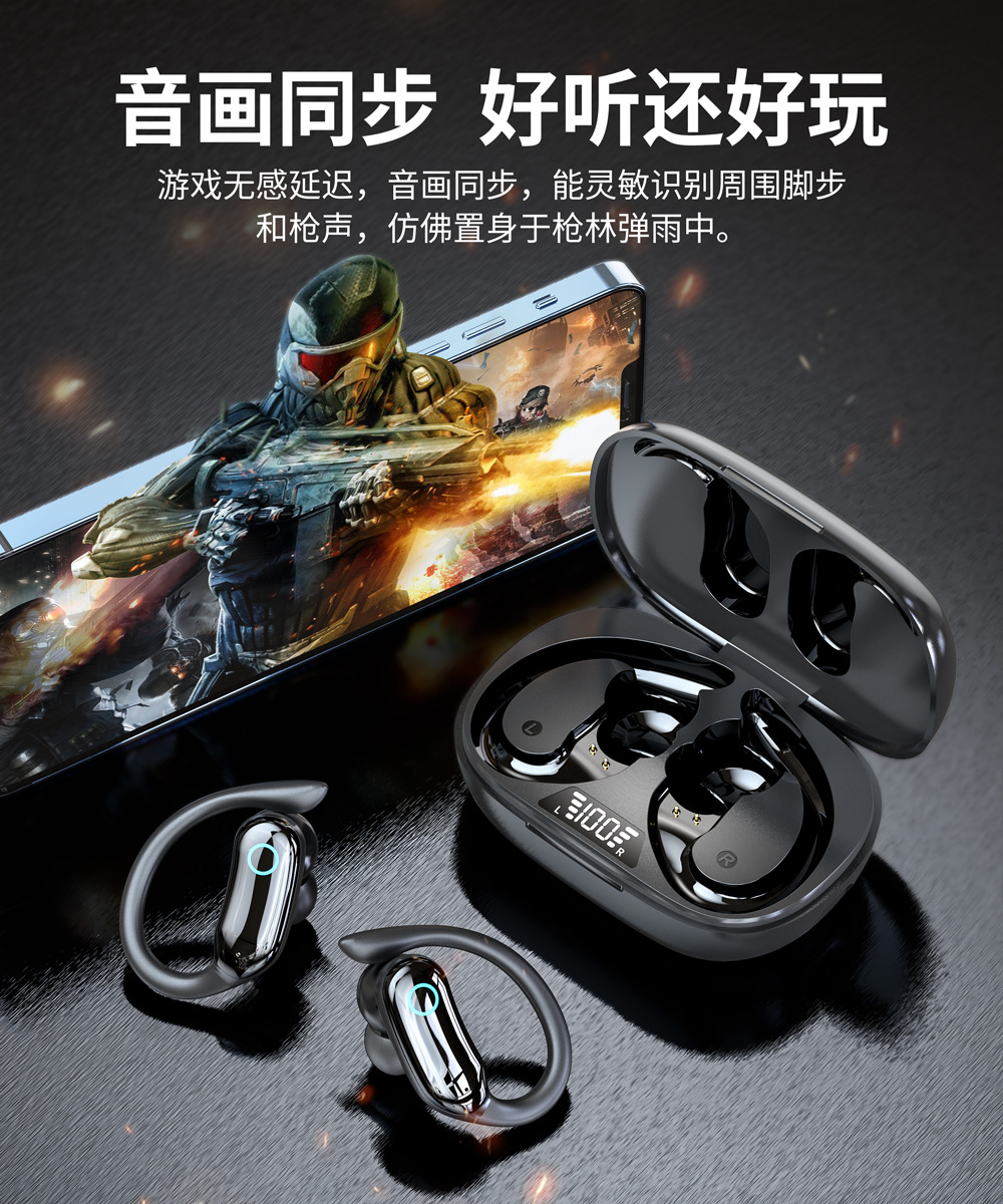Specialized model IPX7 waterproof sports running wireless earbuds featuring high sound quality, extended battery life, non-slip ear hook design, and Bluetooth connectivity.
