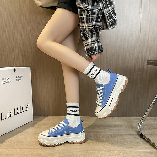 Spring new canvas shoes for women, Hong Kong style fashionable white shoes for students, thick-soled sneakers, casual and versatile ins shoes