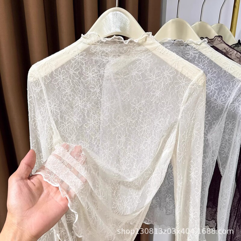 See-Through Half Turtleneck Lace Inner Shirt for Women Spring & Fall 2025 New Style Ear-Shaped Mesh Bottoming Shirt Sexy Long Sleeves