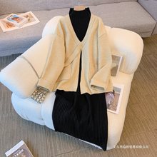 实拍秋冬新款大码女装微胖开衫毛衣外套针织连衣裙子两件套