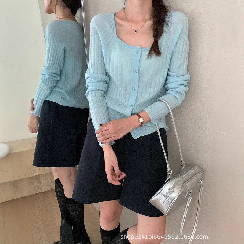 8-Color Vertical Stripesd All-Wool Knitted Cardigan for Women 2025 Autumn and Winter New High-End Square Collar Knitwear Top