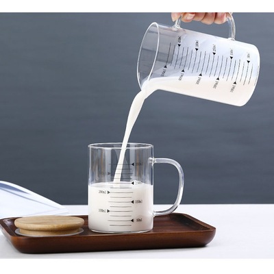 Graduation glass breakfast glass Glass transparent capacity mark Milk Cup handle Graduation Tea cup