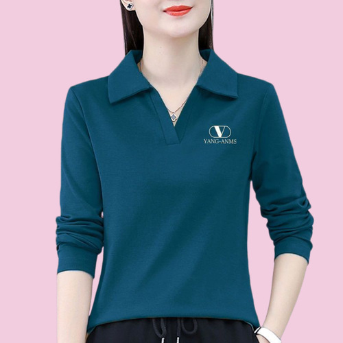 2025 autumn long-sleeved T-shirt for women, fashionable, age-reducing, loose, large size, middle-aged mother wear, lapel bottoming shirt, top clothes