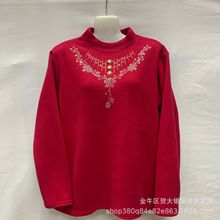 冬季女士德绒加绒加厚保暖衣中老年妈妈装大码半高领烫钻打底衫