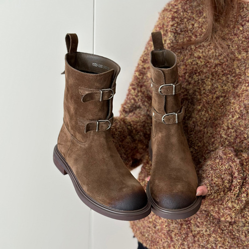 Sheepskin Version ~ Retro Fashion Leather Belt Buckle Western Cowboy Boots Slimming Short Boots for Women, Mauve Martin Boots, Biker Boots