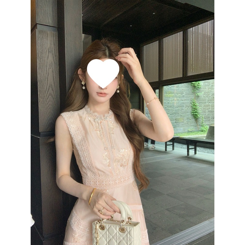 跨境NMIOK【青山粉黛】天丝绣花无袖连衣裙夏季新重蕾丝拼长裙尺|undefined