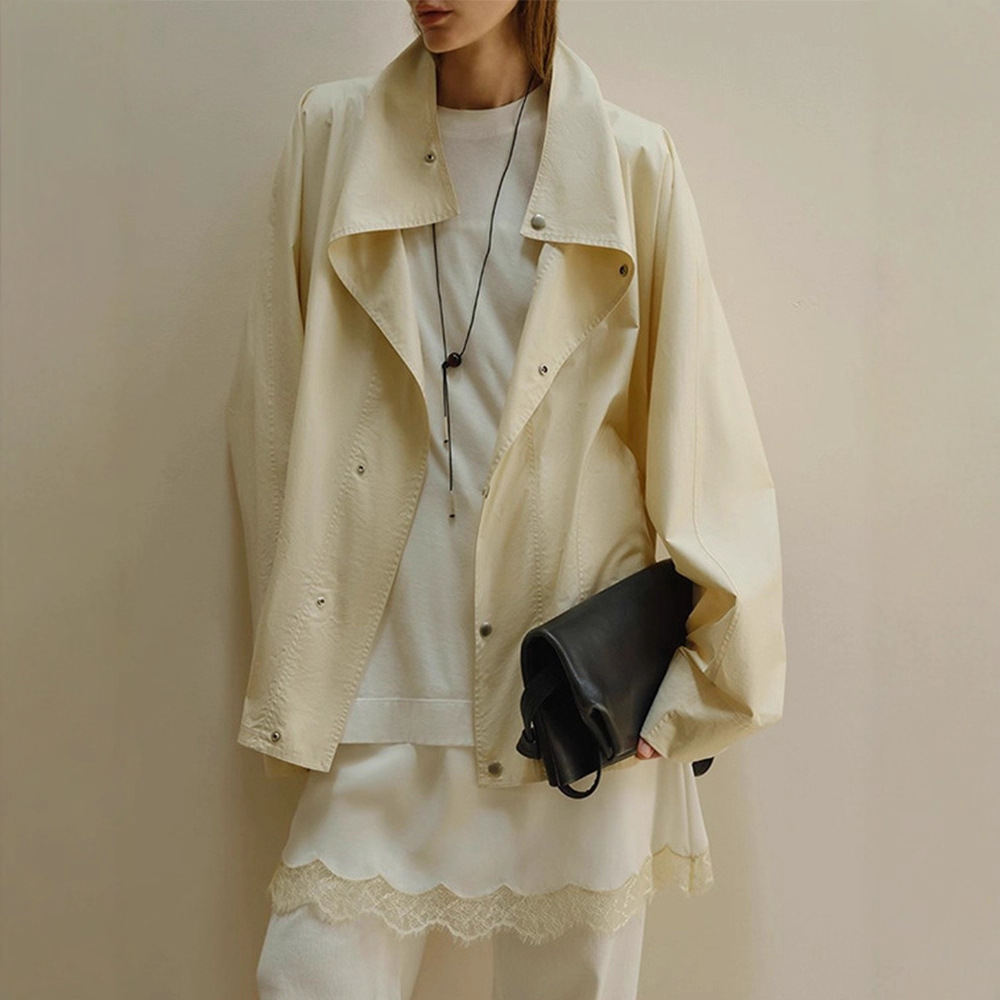 Th~Row Lightweight Normcore Draped Stand-Up Collar Bat Sleeves Wide A-Line Loose Jacket Mid-Length Windbreaker Autumn